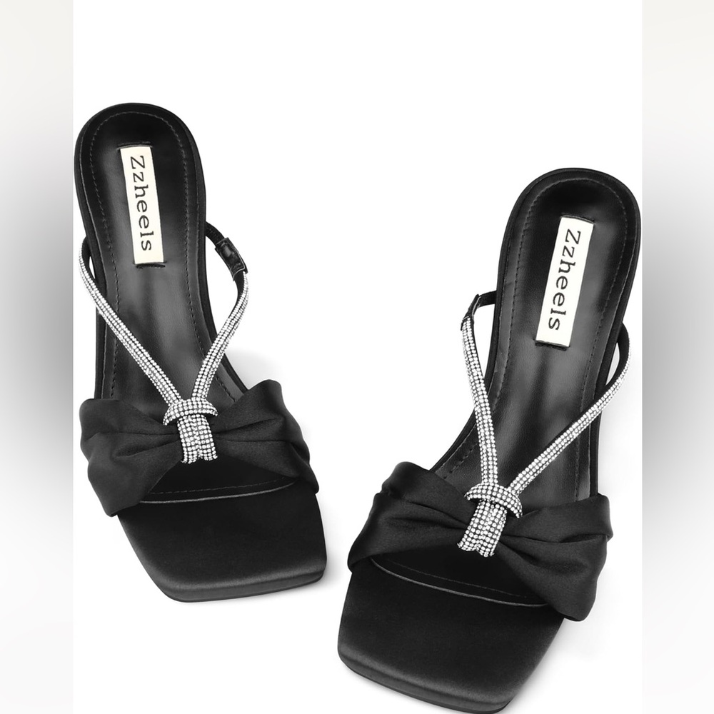 Zzheels Rhinestone Bow Heels Square Toe Slip On Mules Clear Chunky Heels Daily